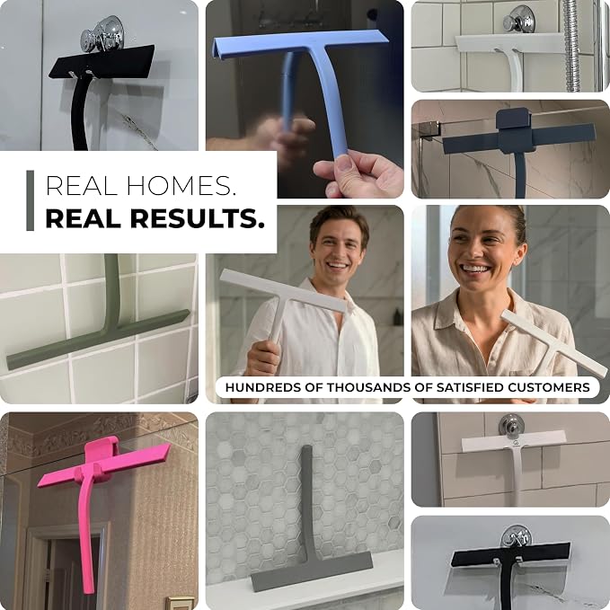 Silicone Shower Squeegee for Glass Doors & Mirrors with Stainless Steel Core, Streak-Free & No-Squeak Window Cleaning, 3-in-1 No-Drill Mount (Hook/Suction/Adhesive),White, 9 Inches