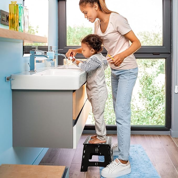 Delxo 9 Inch Kids Step Stool,300 Lbs Folding Step Stool for Toddler Black | Foldable Step Stool,Non-Slip Foot Stools with Handle, Lightweight Collapsible Stool for Kitchen,Bathroom,Bedroom,Garden