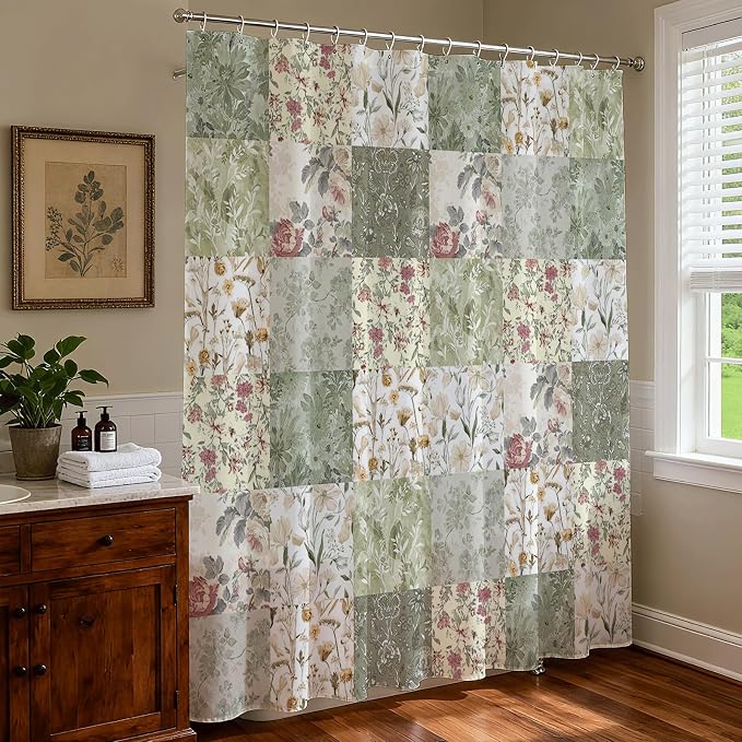 Shower Curtains for Bathroom, Boho Shower Curtain, Vintage Boho Green Floral Bathroom Decor Bath Curtain, Mid Century Waterproof Retro Farmhouse Patchwork Floral Shower Curtain, 72 X 72 Inches