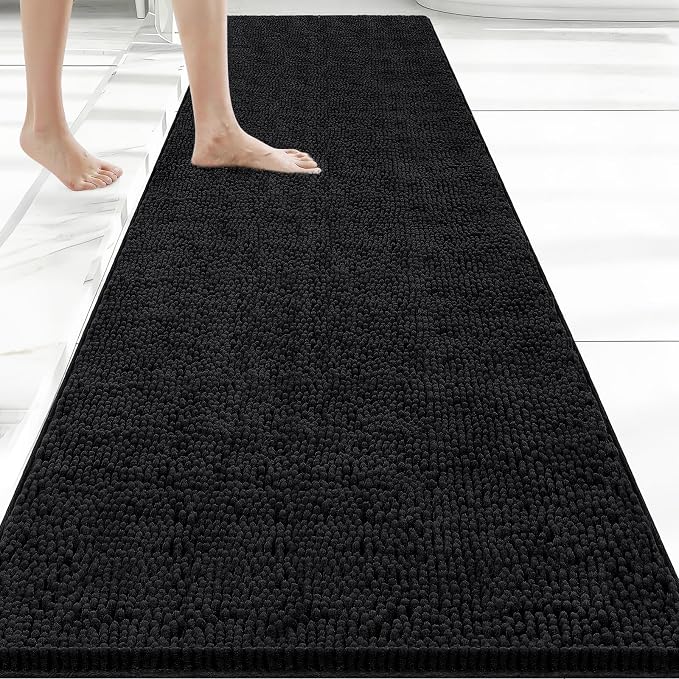 Bcoimo Bath Rug Mat, 70x24 Chenille Non Slip Black Long Bathroom Runner Rug | Extra Soft Bathroom Floor Mats;Non Slip with Rubber Back Bath Mats;High Absorbent, Quick Dry Microfiber mat; Machine Washable