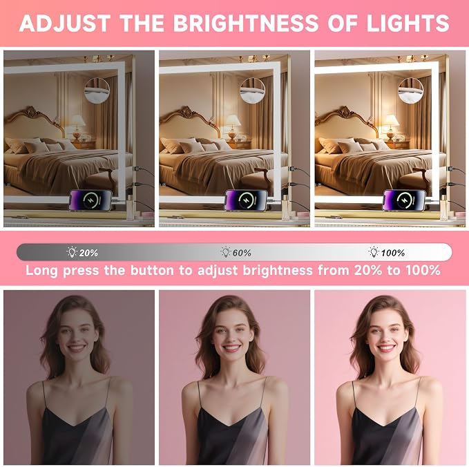 Vanity Mirror with Lights, 23" x 18" LED Makeup Mirror with 10X Magnification, Dimmable 3 Modes, Memory Function, Smart Touch, USB Charging Port, Lighted Makeup Mirror Square Glod