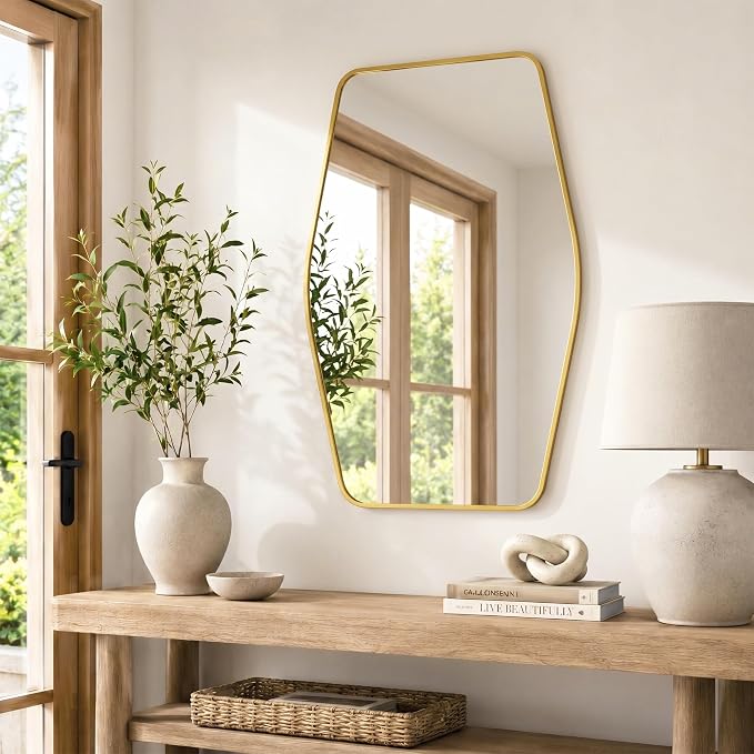 Brushed Gold Tapered Rectangle Bathroom Mirror, 24x36 Inch | Aluminum alloy frame, tempered glass, two-way keyhole mount, for dressing room and entryway