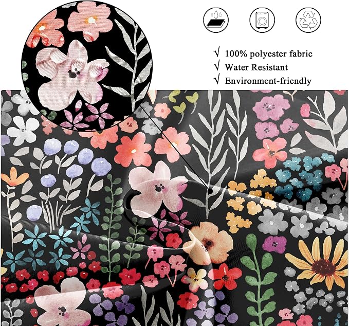 Black Dark Floral Flowers Watercolor Plants Art Bathroom Shower Curtain Set | 72"W x 72"H Leaves Botanical; waterproof HD print, quick-dry fabric with 12 hooks for easy hanging.