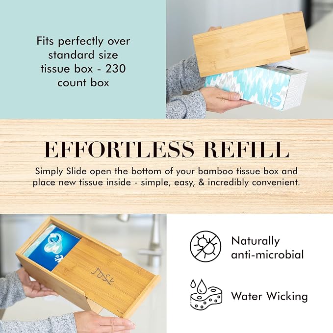 Design Tissue Box Holder, Modern, Minimalist, and Durable Wooden Bamboo Tissue Box with Sliding Bottom, Easy-Refill Premium-Quality Bamboo Tissue Box Cover, Fits 184-Count Box, Rectangular