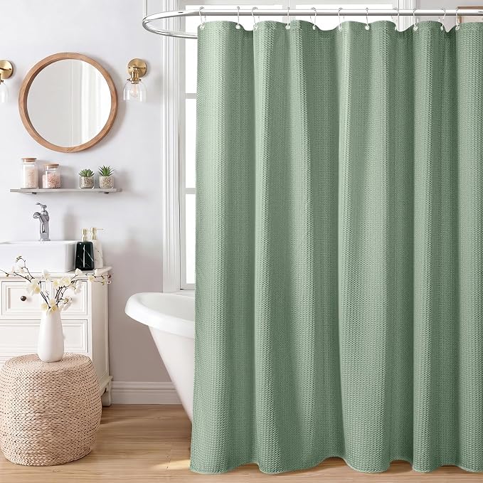 Stall Waffle Shower Curtain 256 GSM Heavy Fabric 36x72 Sage Green | Narrow Half Size, Thick Polyester Cloth, Weighted Hem, Water Repellent, Washable, Hotel Bathroom Shower Curtain Set 6 Hooks