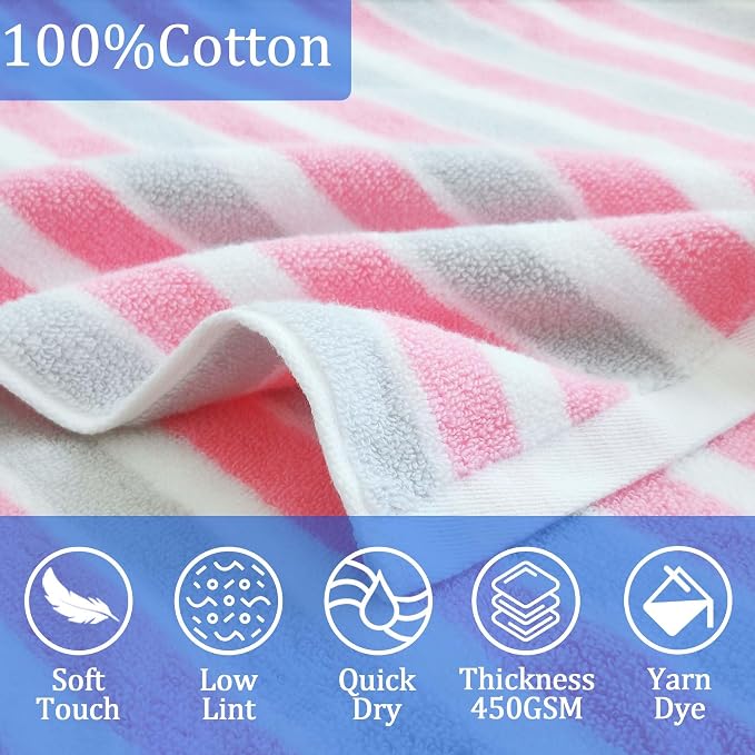 VOOVA & MOVAS Kid Hooded Towel,3-10 Years,100% Cotton,Pink Gray Stripe | Light Portable Build, Fast Drying, Perfect for Girls’ Bath, Swim, Pool and Beach Use