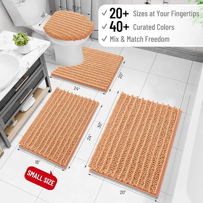 Arotive Bathroom Rugs Mat 24x16, Soft Absorbent Chenille Shaggy Bath Mat | Peach, Machine Wash Dry, Bath Rugs for Bathroom Floor, Tub and Shower, Home Decor Accessories