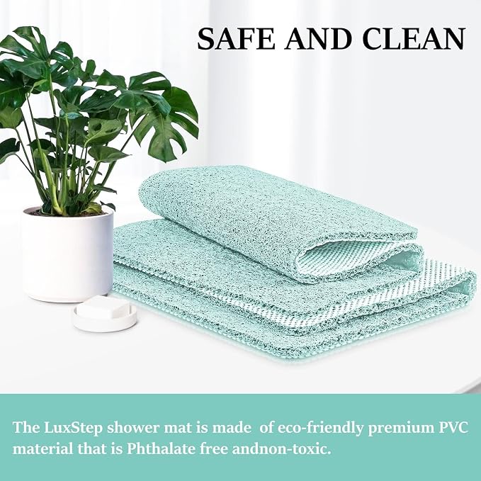 LuxStep Shower Mat Bathtub Mat Non-Slip Bath Mat with Drain, Quick Drying | 47x16 inch PVC Loofah Bathmat for Tub,Shower,Bathroom,Green