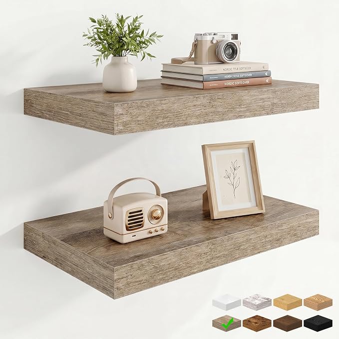 Marsmiles 9.25in Depth 16in Floating Shelves, 16x9.25x1.4, Grey, Set of 2 | Wall Mounted Engineered Wood Shelves, Invisible Brackets for Living Room, Bedroom, Bathroom, Kitchen Decor and Storage