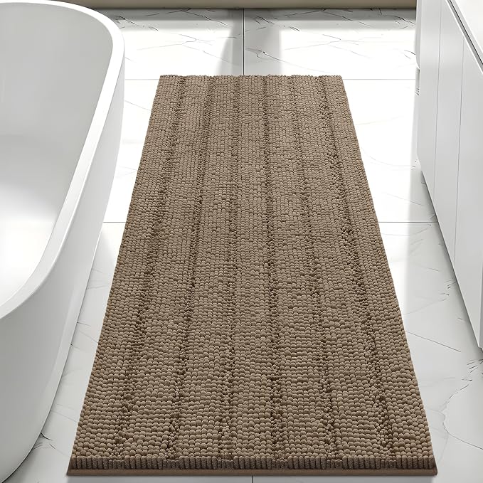 Bcoimo Bath Rug Mat,48x24 Chenille Non Slip Tan Long Bathroom Runner Rugs | Extra Soft Bathroom Floor Mats;Non Slip with Rubber Back Bath Mats;High Absorbent, Quick Dry Microfiber mat; Machine Washable