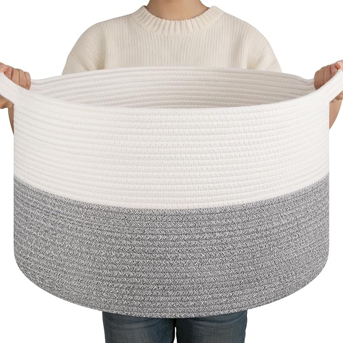 OIAHOMY Large Blanket Basket for Living Room, 19.7" x 12.6" Woven Cotton Rope Laundry Basket for Organizing Pillows, Decorative Stuffed Animal Toy Storage for Nursery, White and Light Grey