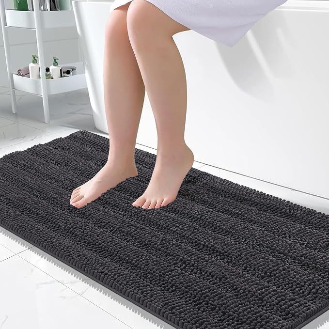 OLANLY Thick Large Bathroom Rugs 50x30, Soft Chenille Bath Rugs, Dark Grey | Absorbent Striped, Rubber Backing, Machine Wash Dry, Bath Mats for Bathroom Floor, Tub and Shower, Home Decor Accessories