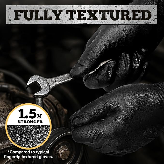 Heavy Duty Black Nitrile Gloves, 6 Mil, Fully Textured, Mechanic Disposable Gloves, Latex Free, Powder Free