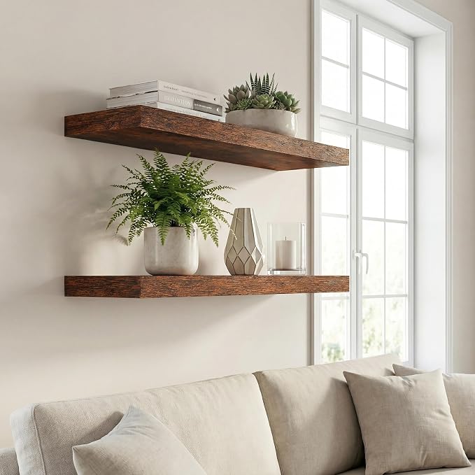 24 in Floating Shelves for Wall Decor Color Brown,Pack 2 | Modern floating shelves for living room,bedroom,kitchen and bath.Organize & display books,photos and decor.easy mount,sturdy.