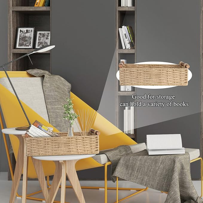 STOBSK Round Paper Rope Storage Basket with Handle, Beige, 14.5in x 6.6in x 3.74in | with Handle for Bedroom Home Decor and Shelves Apartment Countertop Use,Beige