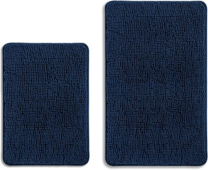 Navy Blue Bathroom Rugs Sets 2 Piece – Absorbent and Washable Bath Mat, Non-Slip, Thick Soft Chenille Bath Rugs for Bathroom Floor, Shower, Sink - 17" x 24"+20" x 32"