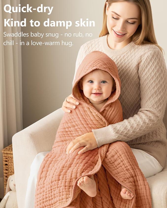 Baby Bath Towels, 100% Muslin Cotton Hooded Baby Towels for Newborn, 2 Pack Baby Towels with Hood for Infant Toddler and Kids, Large 32x32Inch Bath Essentials, Soft and Absorbent Orange Rainbow