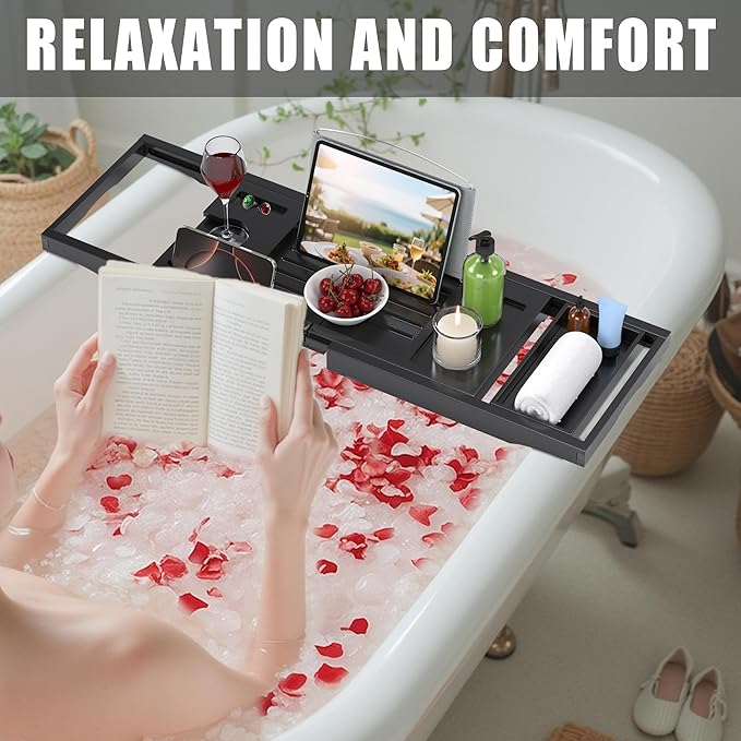 Bamboo Bathtub Tray Caddy, Foldable Bath Tray for Tub | Expandable Bath Table Trays, Bathtub & Bathroom Accessories for New Home/Mothers Day/Birthday Gifts for Couples, Black