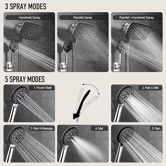 Veken 11.8“ Rain Shower Head with Handheld,Dual High Pressure Shower Heads | 5-mode Hand Held Spray with Hose,Wide Detachable Rainfall,Dual Showerhead Combo,Bathroom Accessories,Easy setup,Chrome Silver