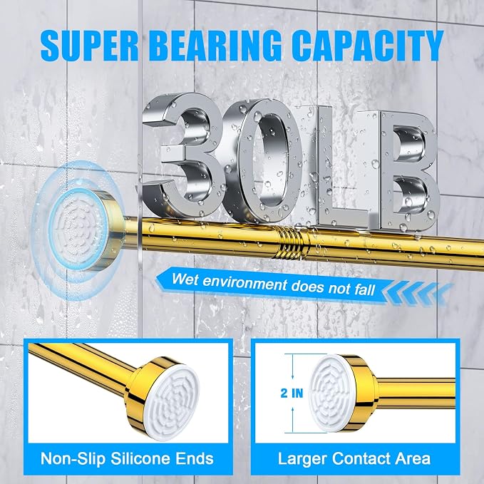 TEECK Shower Curtain Rod, 27-76 inch Adjustable Spring Tension Curtain Rod, Never Rust Anti-Slip Shower Curtain Rod for Bathroom, No Drilling, Never Collapse, Easy to Use, Gold