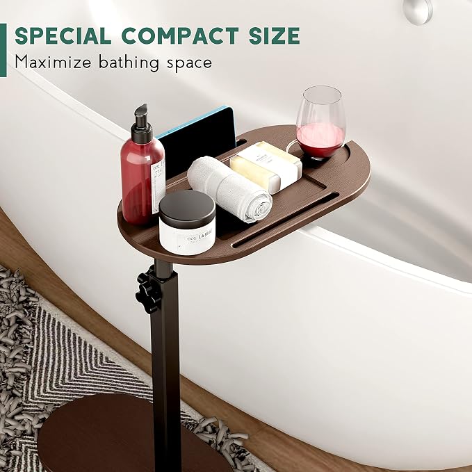 Bamboo Bathtub Tray Table with Adjustable Height and Freestanding | Bath Table Caddy Side Table for Tub Against Wall, Tub Shelf with Wine Glass Phone Holder - Patent Protected (Brown)