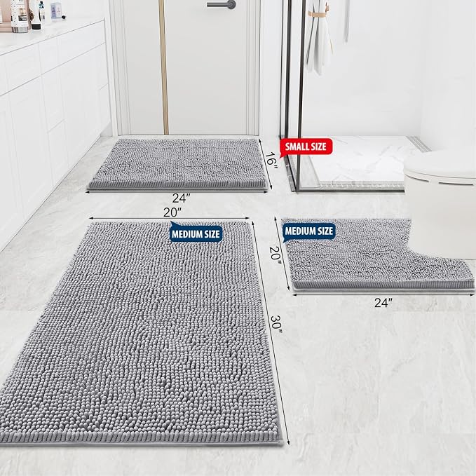 Smiry Bathroom Rugs 59X24, Luxury Chenille Extra Soft Absorbent Bath Mat | Light Grey, Machine Washable Non-Slip Plush Bath Mats for Bathroom, Tub, Shower, and Floor, Home Decor