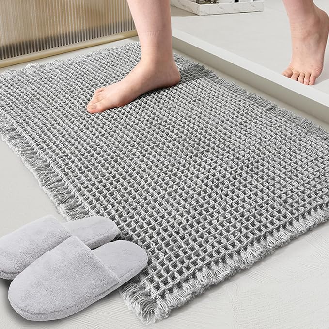 ZALL Grey Waffle Bath Mat,Super Absorbent Non Slip Bathroom Rug,Gray 18x30inch,Machine Washable Ultra Soft Floor Mats
