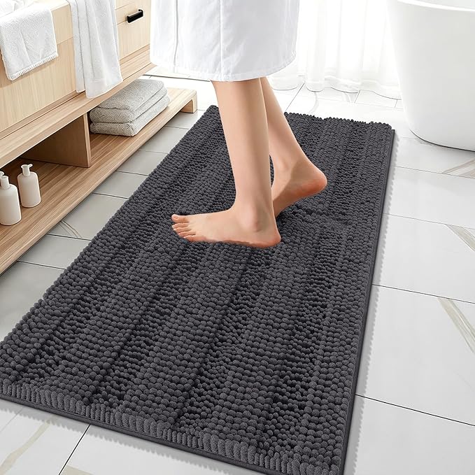 OLANLY Thick Bathroom Runner Rugs 47x20, Soft Chenille Bath Rugs, Dark Grey | Absorbent Striped, Rubber Backing, Machine Wash, Long Bath Mats for Bathroom Floor, Tub and Shower, Home Decor Accessories