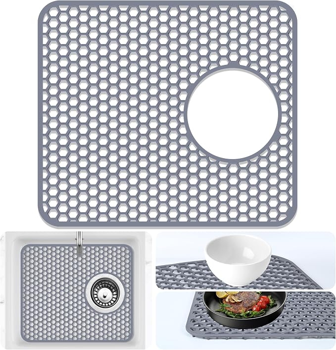 Sink Protectors Mat - 13.5"x11.57" Kitchen Sink Pad for Bottom of Basin for Protection of Stainless Steel and Tableware, Farmhouse Rubber Basin Mat Protector with Side Drain - Light Gray
