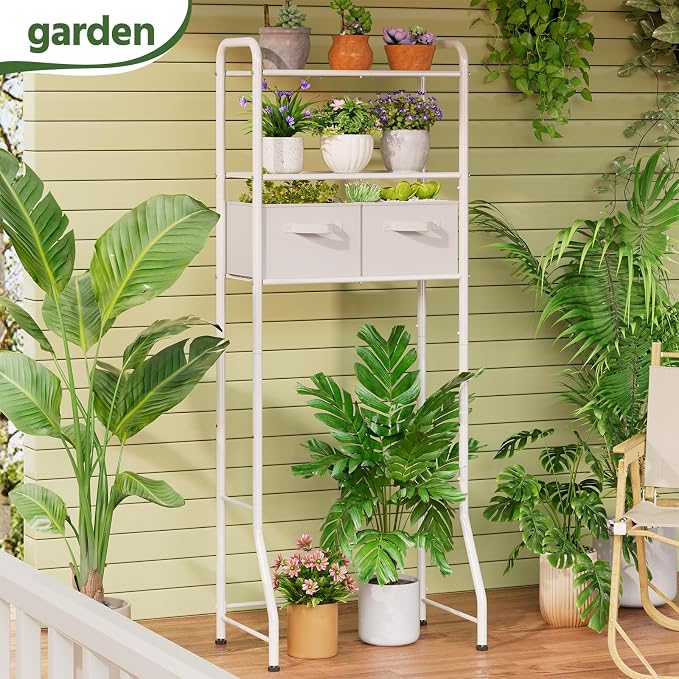 Simple Trending Over The Toilet Storage Rack with Drawers, Metal 3 Tier Bathroom Organizer Shelf with Paper Holder and 3 Hooks, White