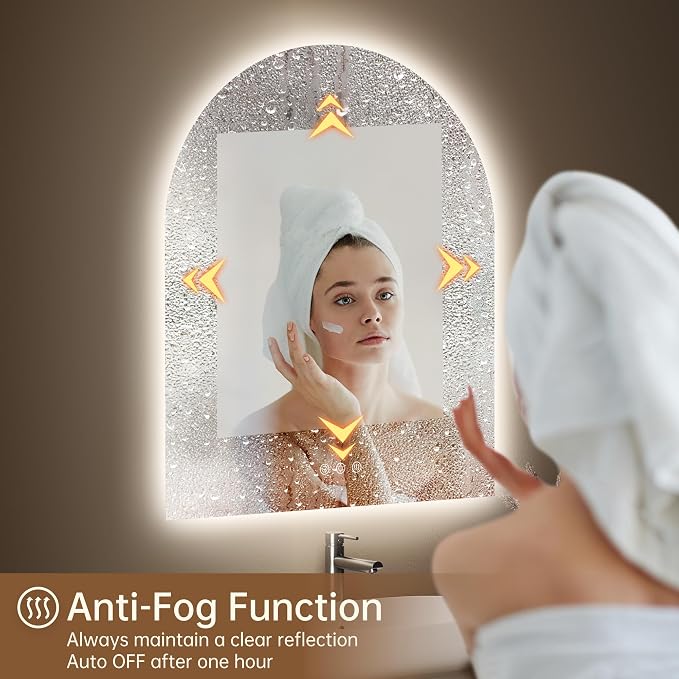 30"x36" Arched LED Lighted Bathroom Mirror with Lights | Fogless, Dimmable, Shatterproof, Touch Sensor, 3 Color Changing