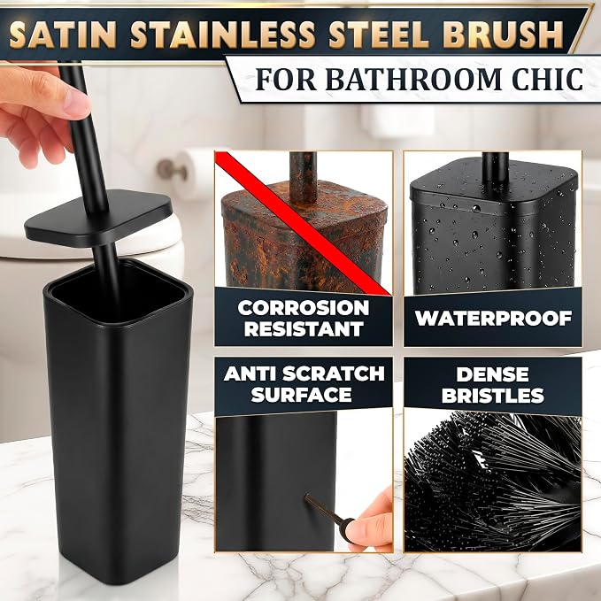 Black Toilet Brush and Holder Set for Modern Bathrooms (Square) | Toilet Bowl Brush and Holder, Removable Inner Bowl, Dense Bristles, Long Handle, Scratch Resistant, Detachable Long Handle