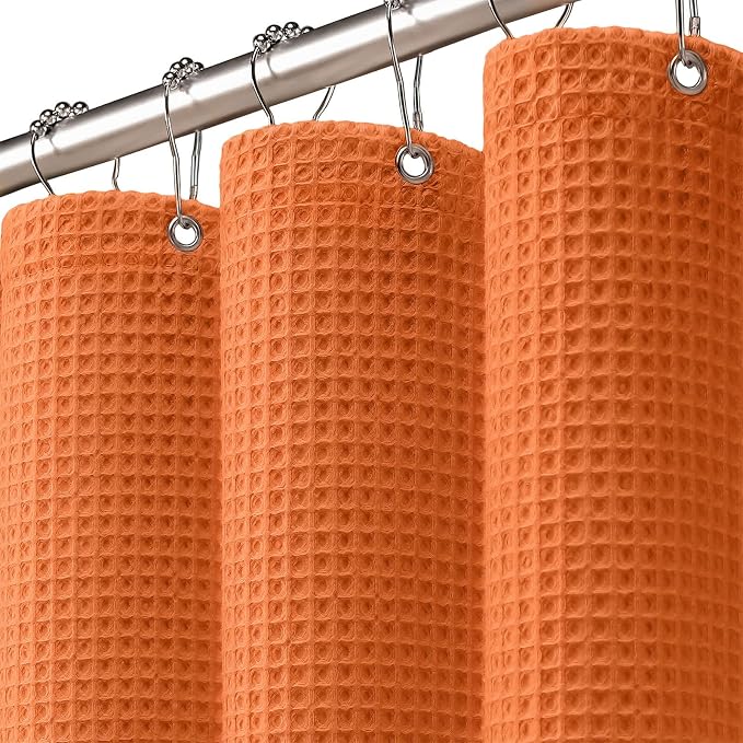 Waffle Weave Shower Curtain Heavyweight Cotton Fabric Orange 72Wx72L | Soft Cotton Cloth,3D Square Truely Waffle Washable, Hotel Luxury Spa, Shower Curtain Set for Bathroom 12 Plastic Hooks