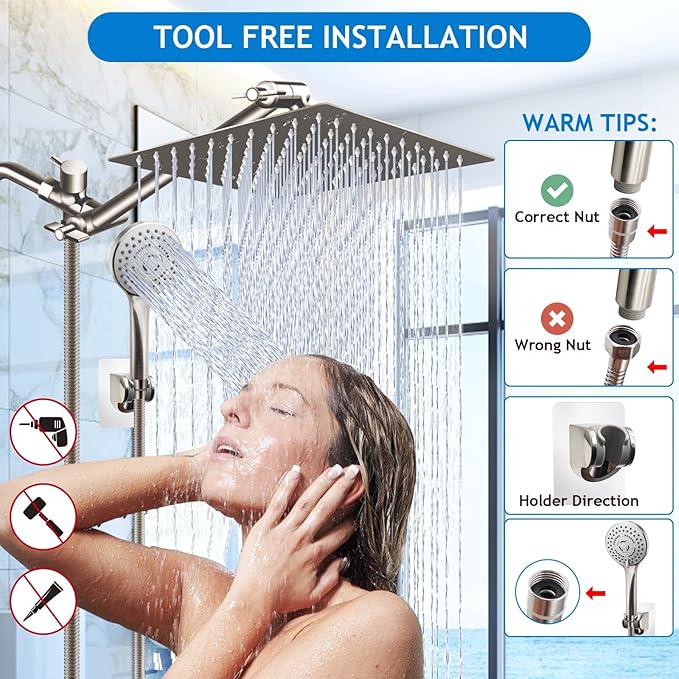 Shower Head Combo,10" Brushed Nickel High Pressure with 11" Extension Arm | Rain Shower Head with 5 Settings Handheld Shower Head Combo,Powerful Shower Spray Against Low Pressure Water