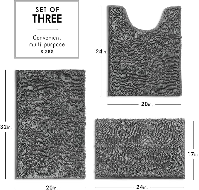 Hearth & Harbor Bathroom Rugs, Chenille Bath Mat - Machine Washable Bath Mats for Bathroom Non-Slip Backing Rubber, Quick Dry Mat - Grey Bath Rug, 17x24-20x32-20x24