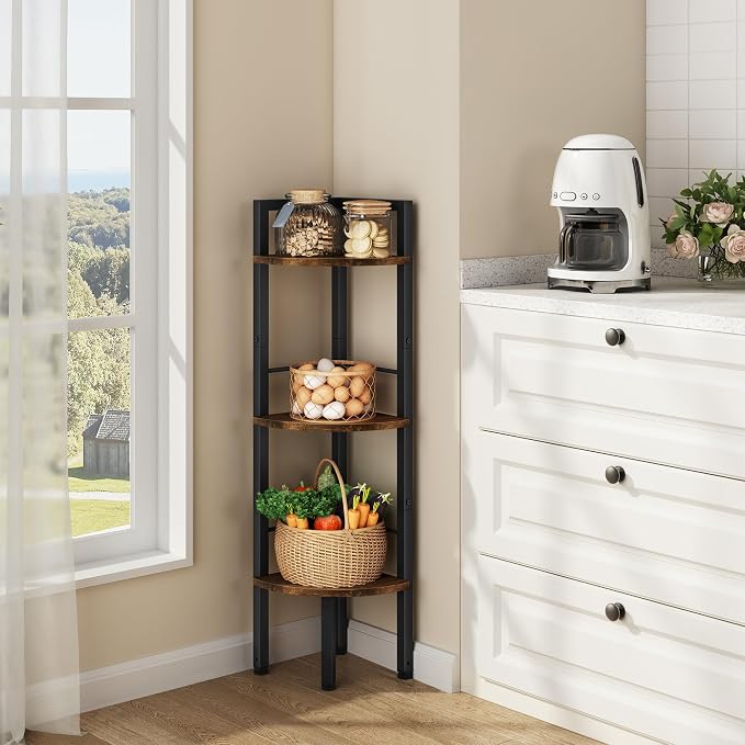 Corner Shelf Stand 3 Tier 39.5" with Metal Frame, Rustic Brown | Industrial Small Corner Shelf Narrow, Multipurpose Tall Corner Bookshelf, Corner Table Bedroom, Living Room, Office, Kitchen