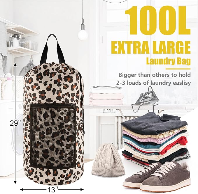 Olosar Laundry Bag Backpack, Extra Large Travel Laundry Bag with Mesh Pocket & Adjustable Shoulder Straps,Dirty Clothes Travel Bag for College Students Dorm,Apartment(Leopard Print)
