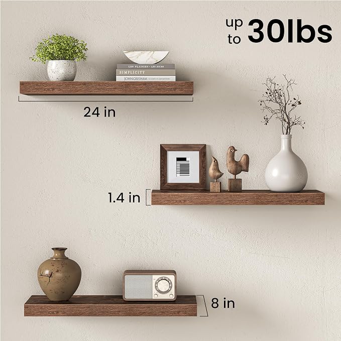 Floating Shelves for Wall, 24 Inch Floating Shelves Set of 2, Wall Mounted Rustic Wood Shelf for Bathroom, Living Room, Bedroom and Kitchen, Hanging Shelf for Storage, Books, Home Decor, Rustic Brown