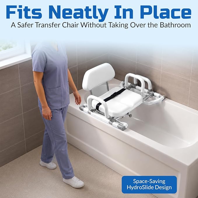 HydroSlide Sliding Shower Chair Swivel Seat for Bathtub | Sit Securely While Bathing - padded seat, padded armrests, swivel seat