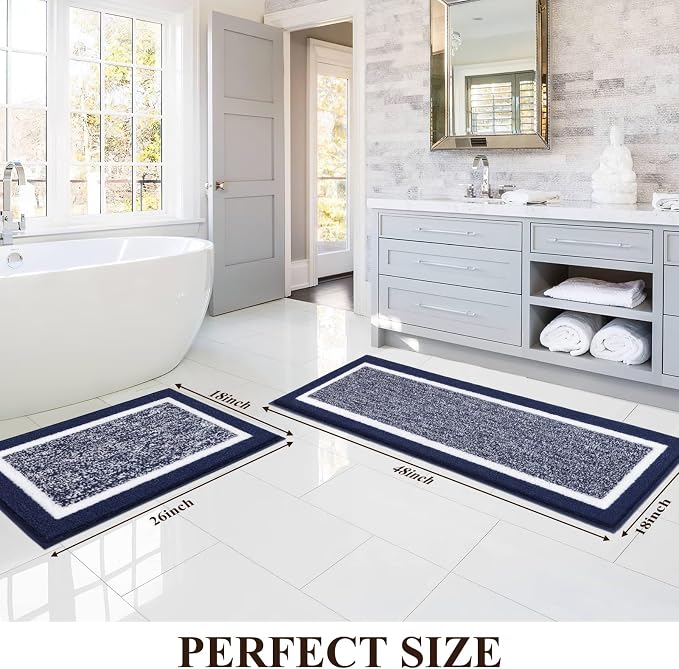 Pauwer Bathroom Rugs Sets 2 Piece, Non Slip Washable Bath Mat, Navy | Soft Plush Microfiber, Super Absorbent Floor Carpet, Quick Dry, Shaggy Shower Rug Runner