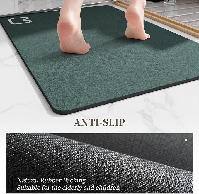 Dark Green Long Bathroom Rugs Large Stone Bath Mat for Bathroom,15.7"x47.2" | Non Slip Rubber Backed Quick Dry Super Absorbent Diatomaceous Earth Bath Mat Extra Long Thin Diatomite Bathroom Mat Runner