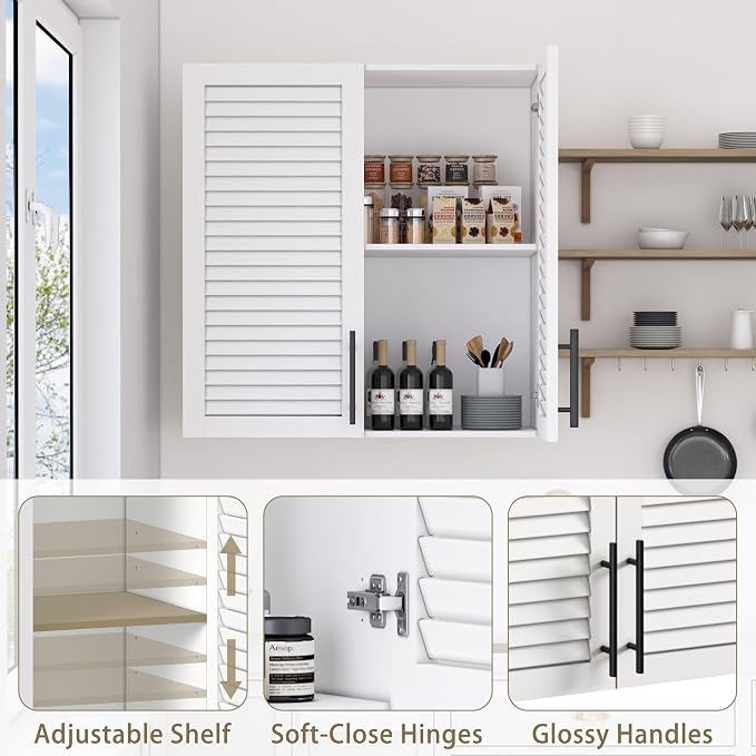 60" Laundry Room Wall Cabinet with Shutter Style Doors, Wall Storage Cabinet with Adjustable Shelf, Bathroom Wall Cabinet, Upper Storage for Laundry Room, Bathroom, Kitchen, Garage, White