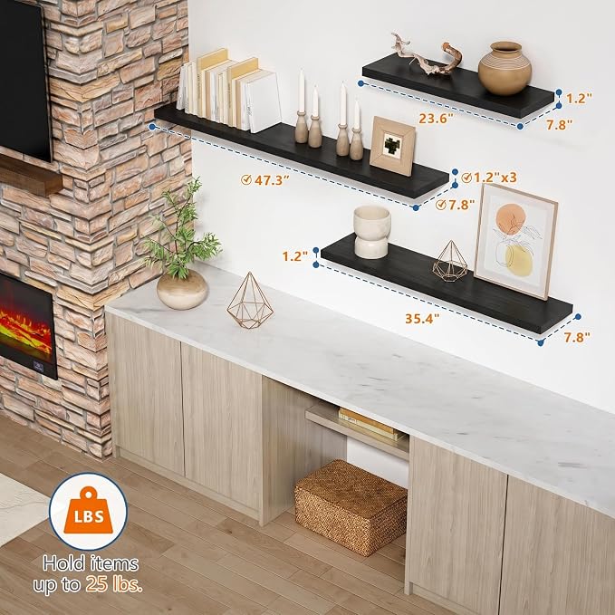 Harwaya Black Floating Shelves for Wall 48 in, Wall Shelves for Living Room | Dark Wood Modern Decor Sturdy Display Hanging Shelves 2 Pack, Bedroom Kitchen Bathroom Office Laundry Room Entryway Island