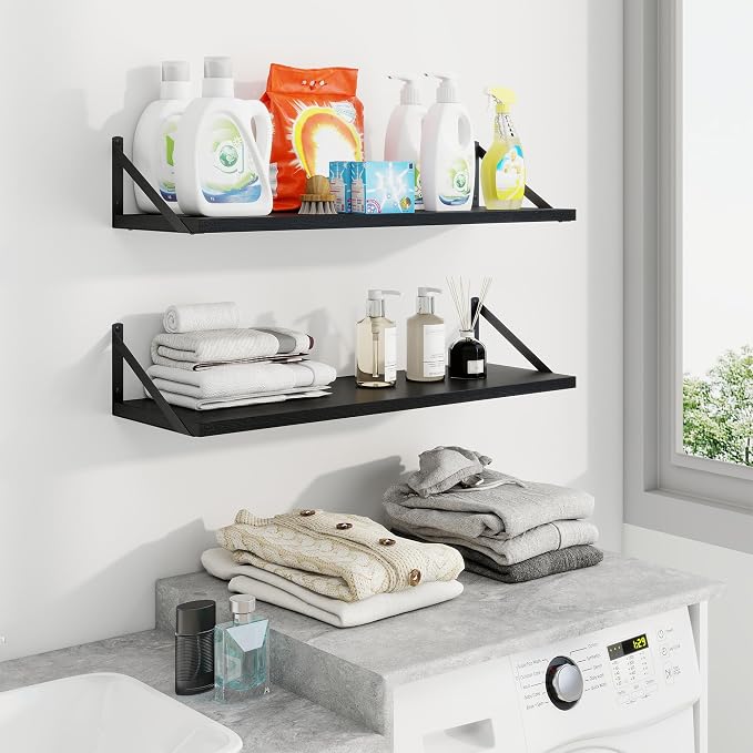 30 Inch Floating Shelves, 10 Inch Deep Black Wall Shelves Set of 2 | 30'' x 10'' Rustic Wood Shelves with Heavy Duty Brackets, Deep Shelves for Bathroom, Living Room, Engineered Wood, 40LBS