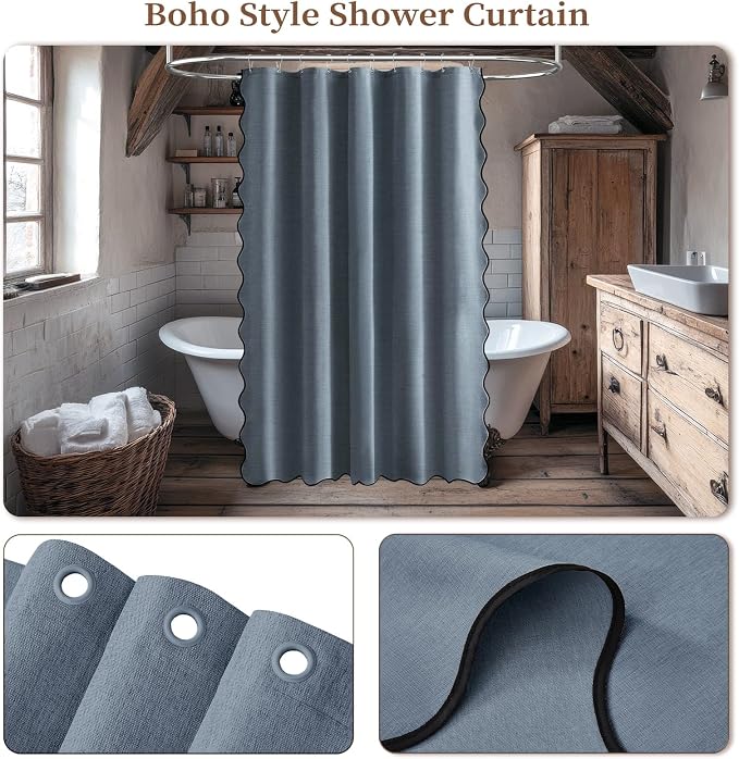 60x72 Boho Scalloped Linen Textured Cloth Shower Curtain, Blue Grey | Narrow Size, 230GSM Waterproof Polyester, Heavy Duty Fabric, 10 Plastic Hooks, Chic Modern Farmhouse Style, Machine Washable