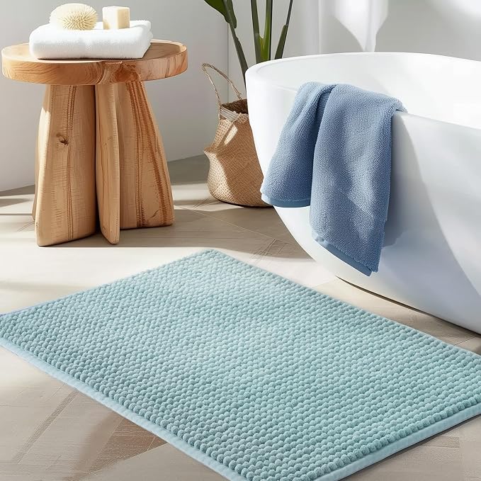 FRESHMINT Thick Chunky Chenille Bathroom Rug, Aqua Blue, 24"x36" | Non-Slip Backing, Water Absorbent Surface, Machine Washable Care, Cushioned Comfort, Bathroom Floor Use