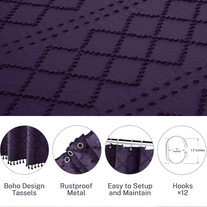 Siiluminisoy Boho Shower Curtain 84inch Dark Purple Woven Fabric Long Shower Curtain, Tufted Chevron Textured Striped 72" x 84" Modern Farmhouse Minimalist Cloth Shower Curtains for Bathroom