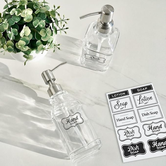 JASAI 2Pack Hand&Dish Glass Soap Dispenser with Rust Proof Pump & Stickers | Kitchen Soap Dispenser with 304 Stainless Steel Pump, Premium Bathroom Soap Dispensers for Dish Soap, Hand Soap，Lotion