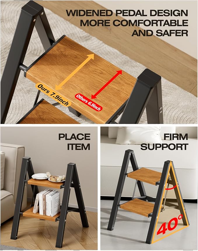 Taranta 2 Step Stool Foldable,Aluminum Step Ladder-BlackWoodgrain | Lightweight,Wide Anti-Slip Pedals,Folding Step Stool,330lbs Capacity for Household,Kitchen,Office