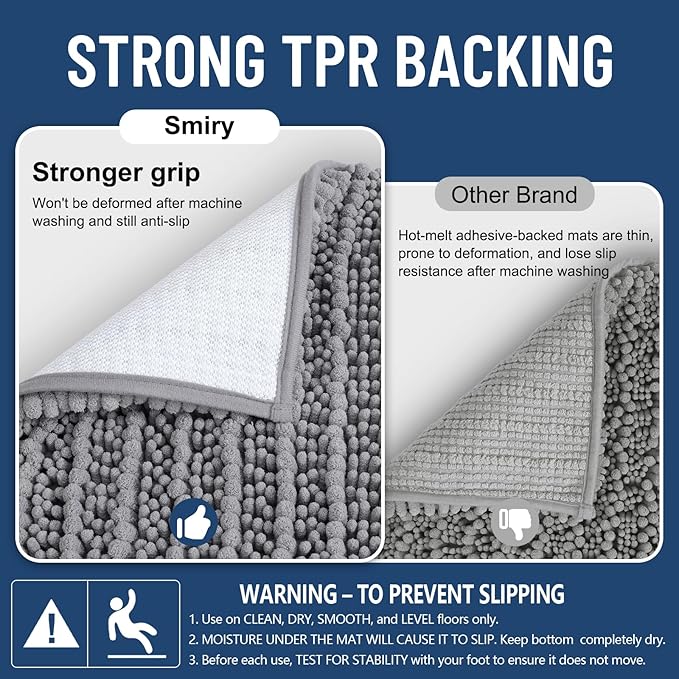 Smiry Bathroom Rugs 30X18, Extra Soft Rubber Backing Chenille Bath Mats | Grey Machine Washable Non Slip Quick Dry Bath Mats for Bathroom Floor, Tub, Shower, Home Decor Accessories